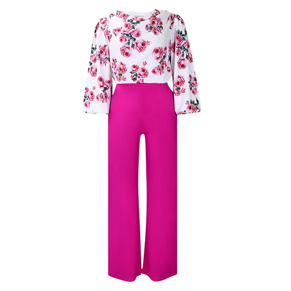 Two Piece Sets Slim Fit Print Floral Round Neck Lantern Sleeve Elegant Splice Wide Leg Long Pants