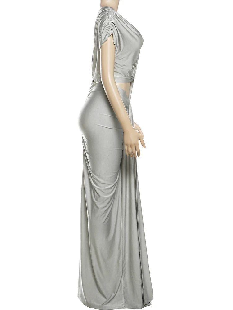 Irregular Hollow Ruched Diagonal Collar Shorts Sleeve Waistless Slits Bodycon Dress