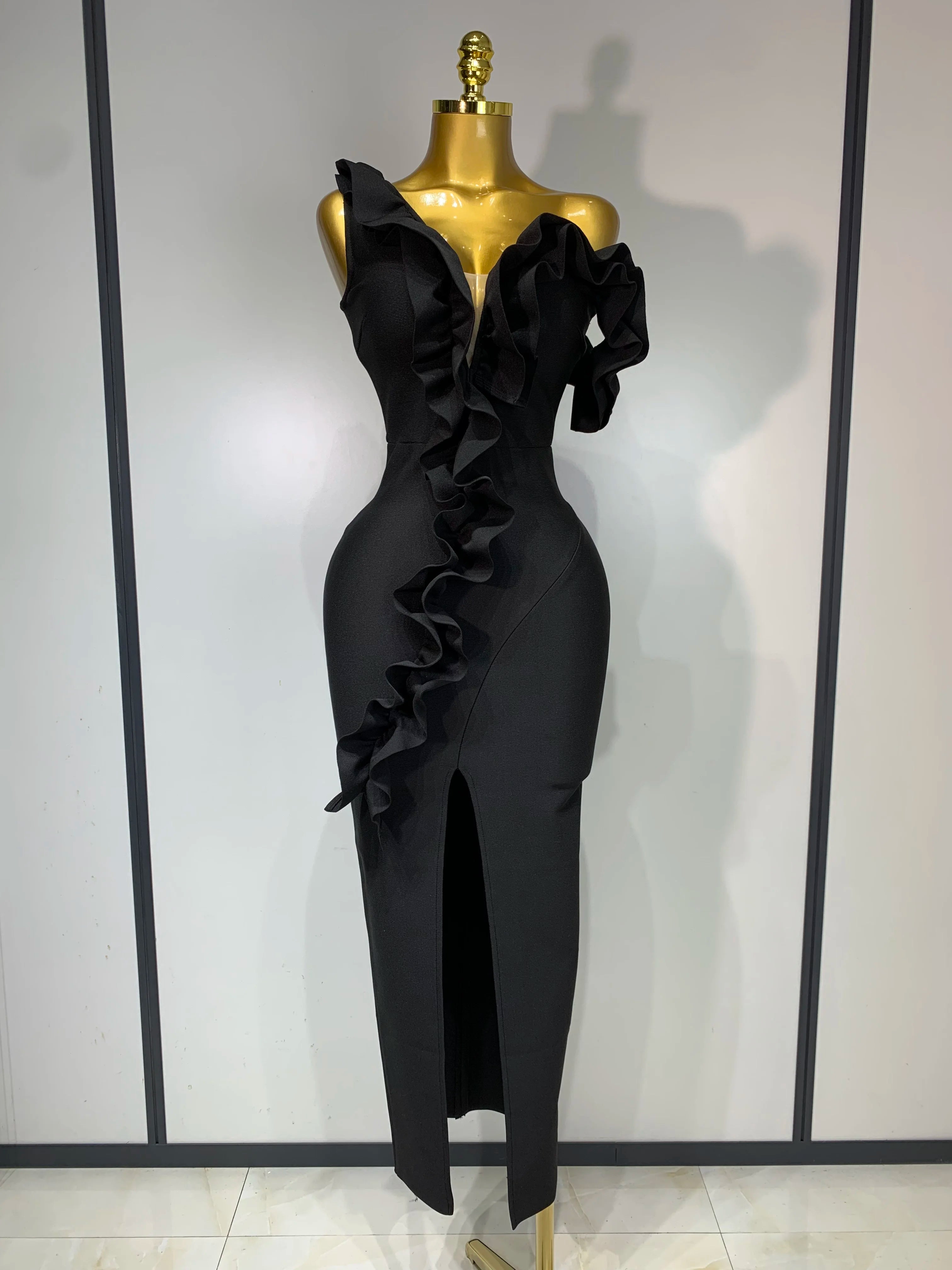 Off Shoulder Ruffles Midi Bodycon Bandage Dres