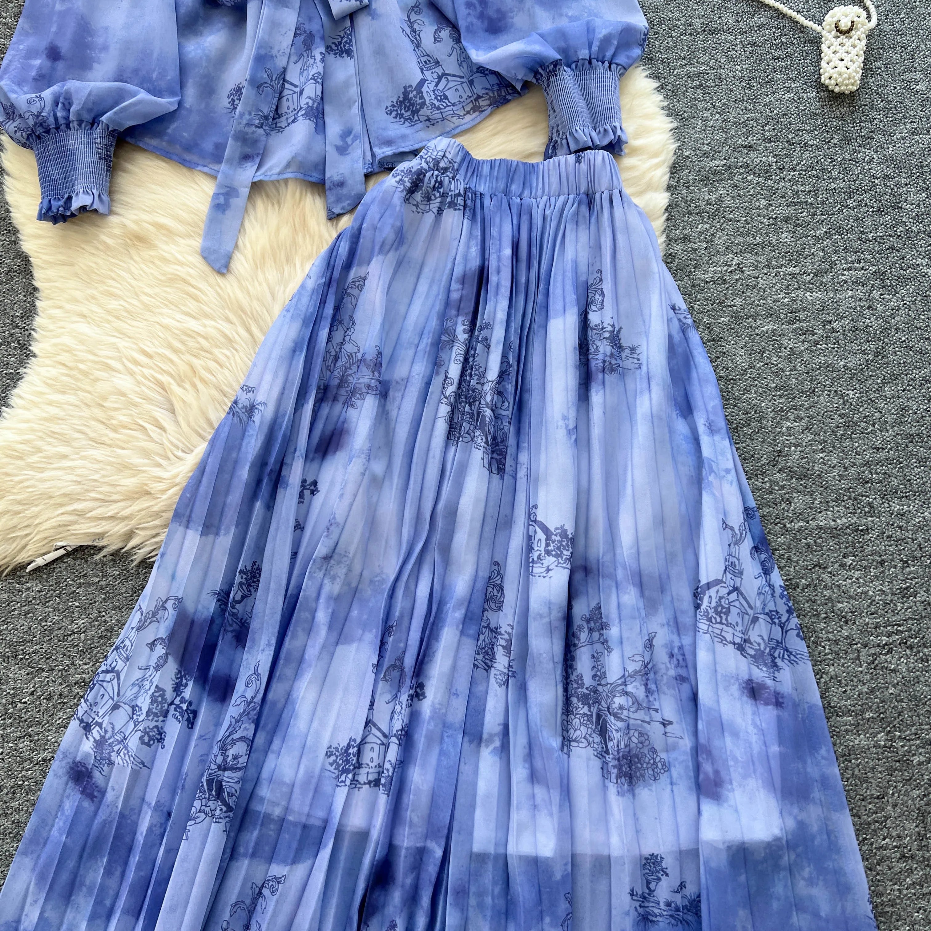 Lantern Sleeves Lace Up Loose Tops+Pleated Skirt Floral Chiffon Sets