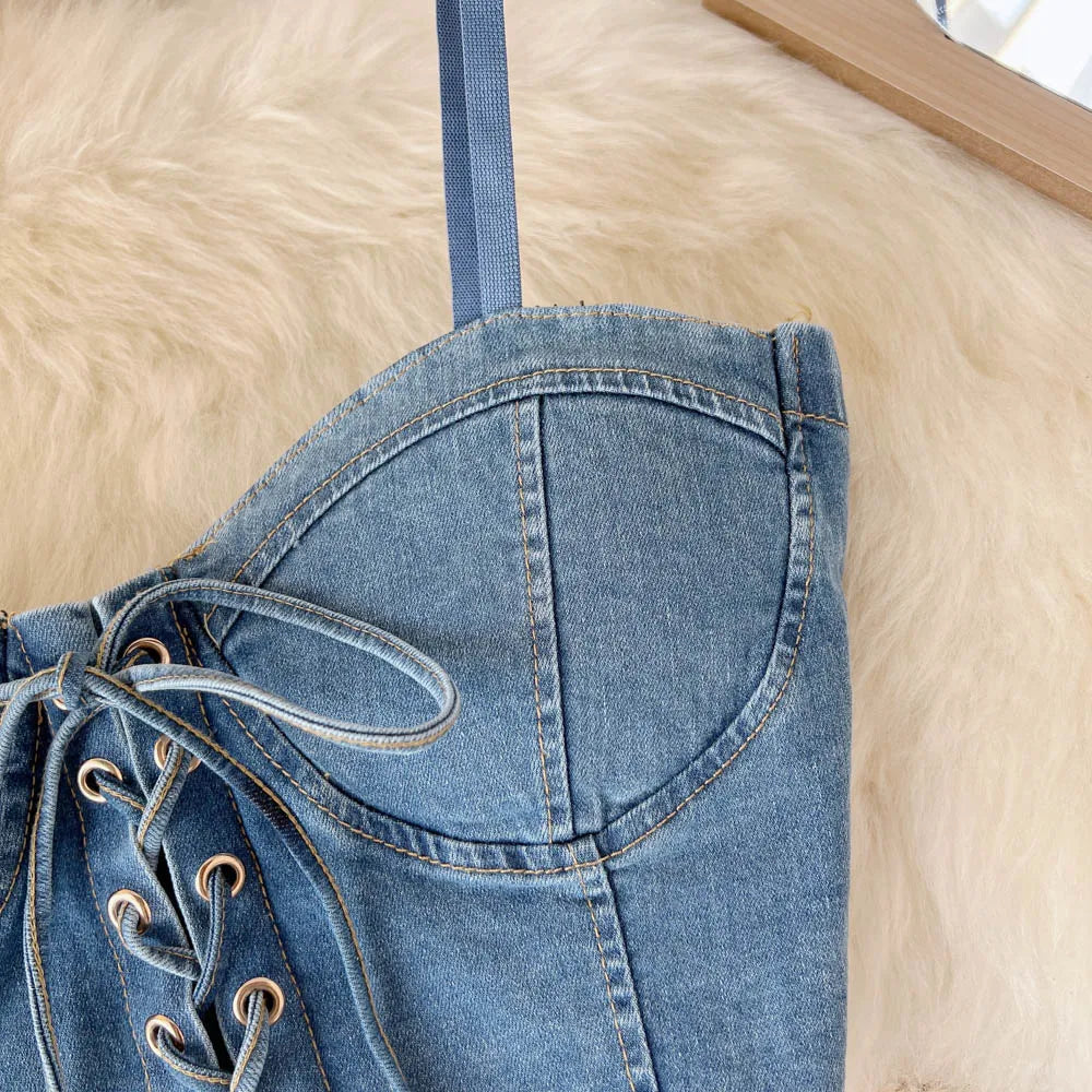 Spaghetti Strap Denim Drawstring Tanks Camis