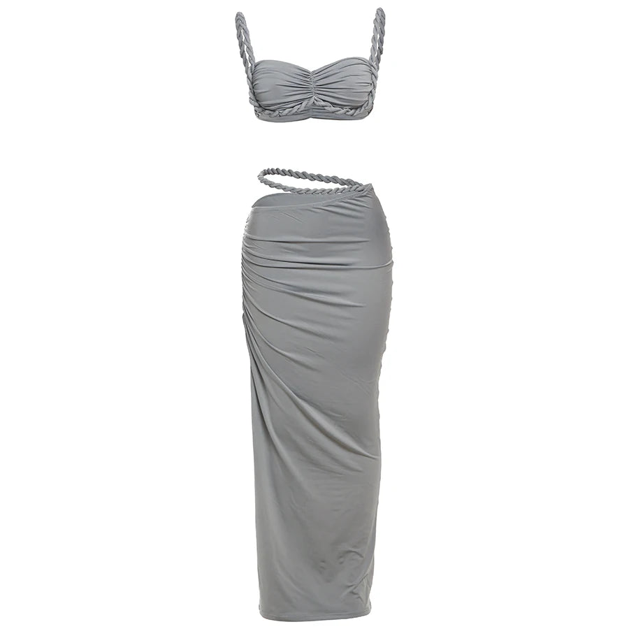Square Collar Top+Skinny Long Skirts Bandage Ruched  2 Piece Set