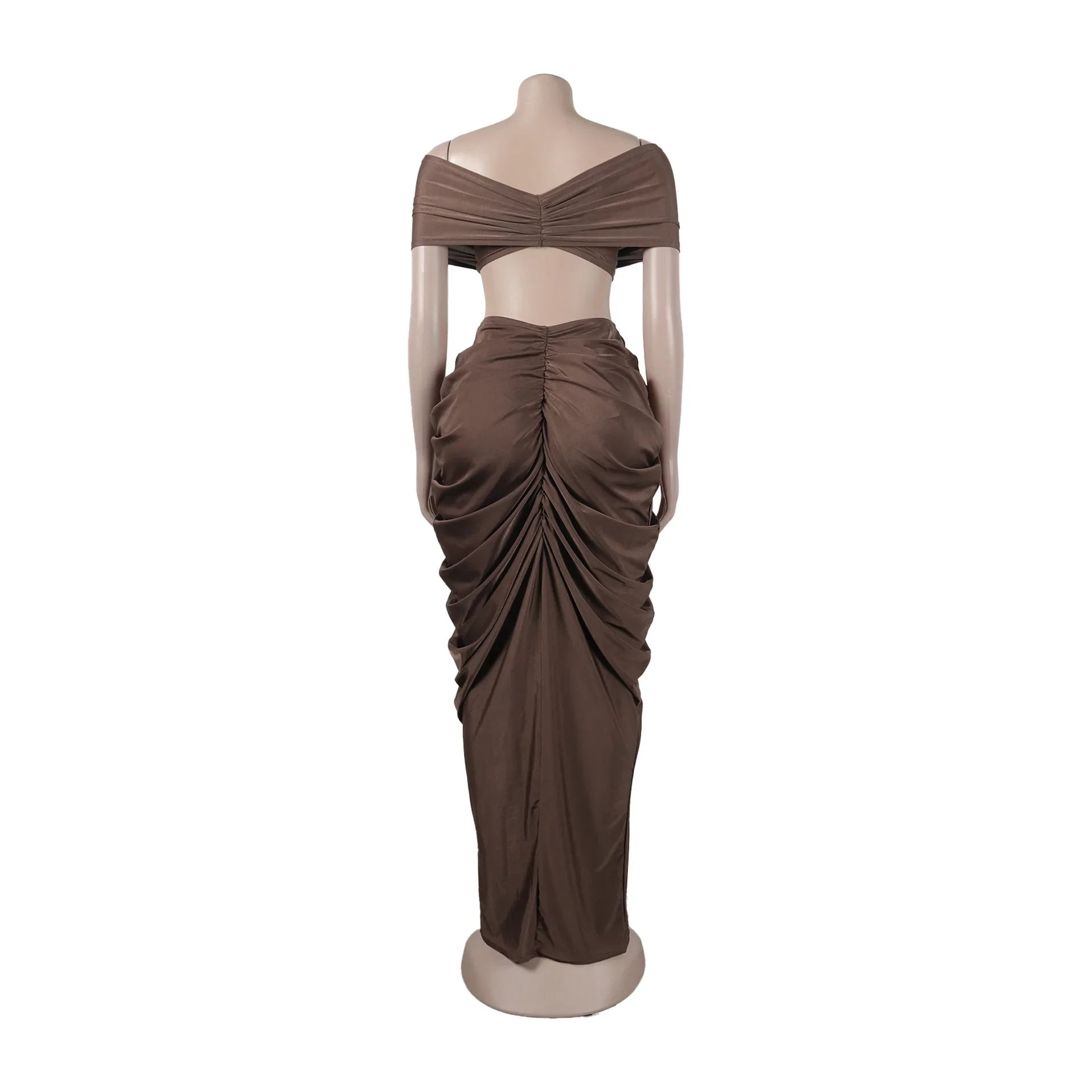 Stacked Ruched Off Shoulder Crop Top and Low Waist Maxi Long Skirts Two Piece Sets