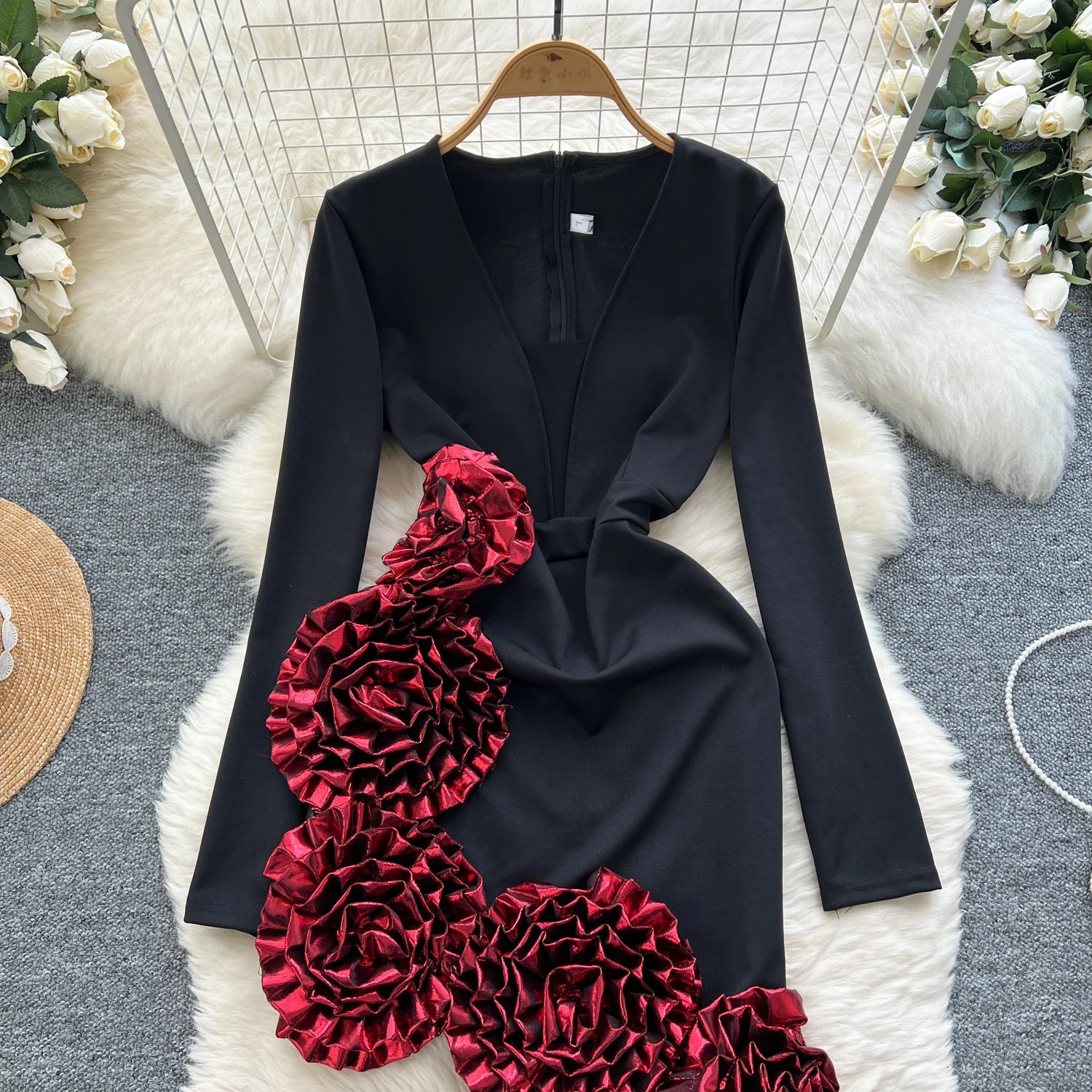 Elegant Three-dimensional floral asymmetrical long sleeve Dress