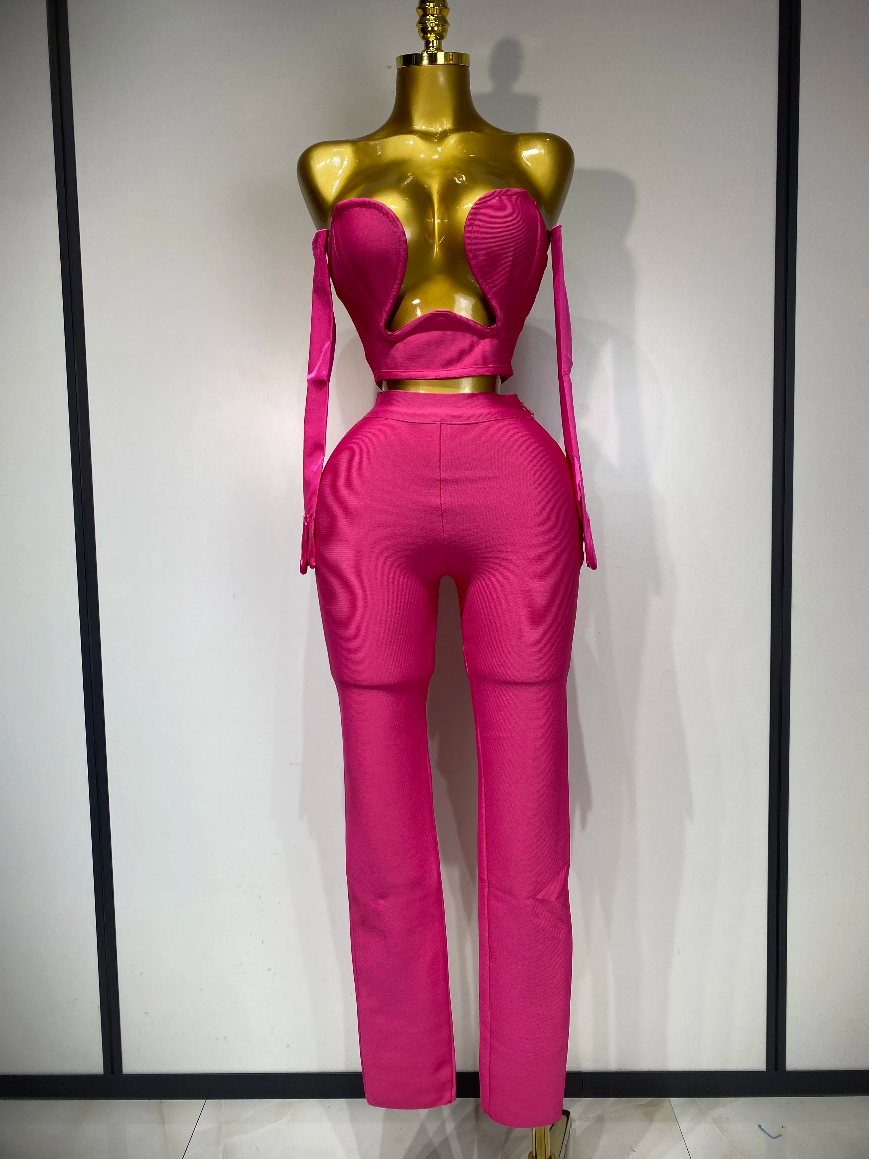 Strapless Backless Hot Pink Glove Pants Bandage Three Piece Suit Birthday Outfit