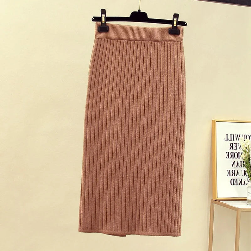 Stylish Knitted Slim Elastic High Waist Split Wrap Skirt Autumn Winter Skirts