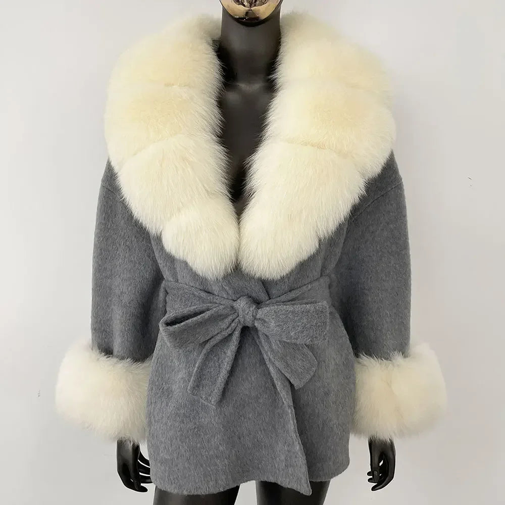 Winter Loose Outerwear Casual Natural Real Raccoon Fox Fur Blends Wool Coat