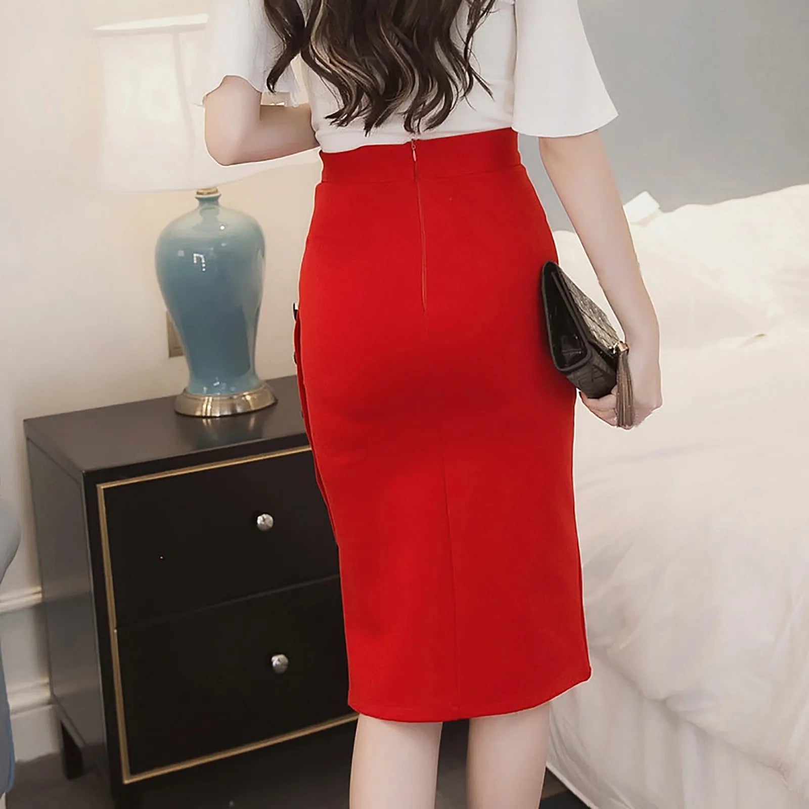 High Waisted Button Split Office Pencil Skirt