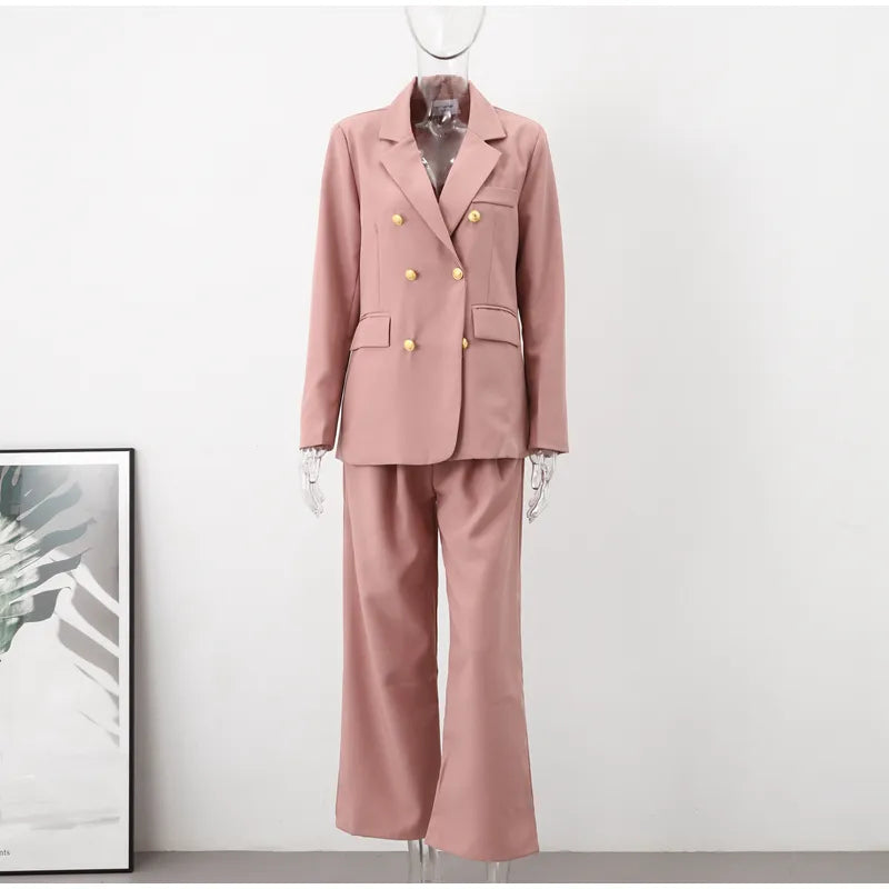 Elegant Office Lady Blazer Suit Coat High Waist Straight Pants Set