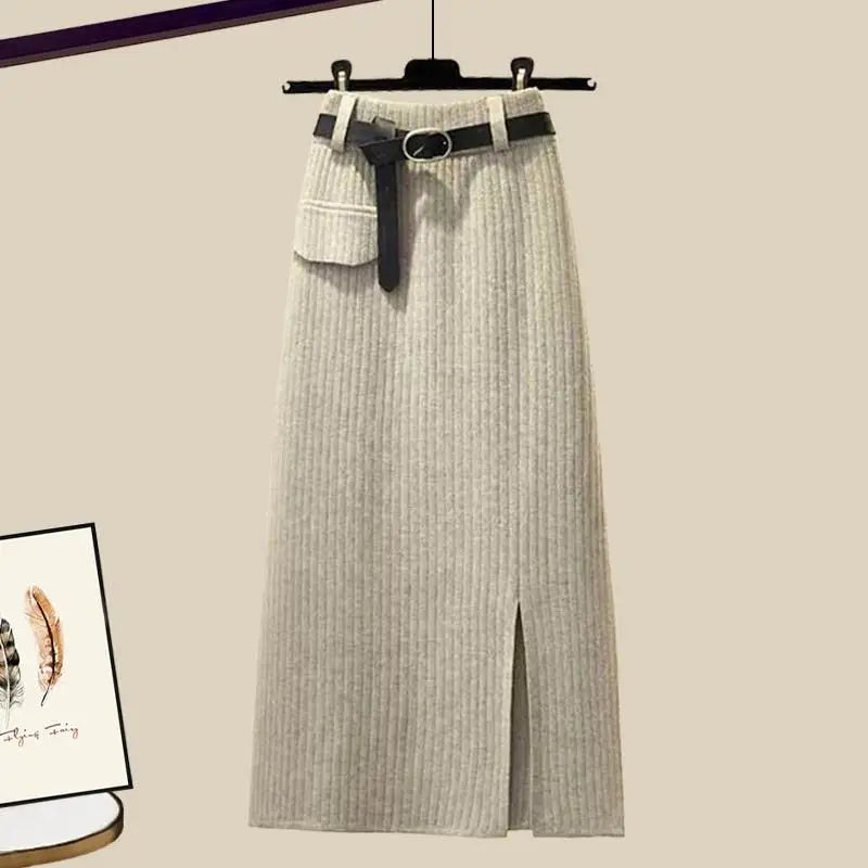 Long Sleeve O Neck Ribbed Top+Midi Skirt Dress Two Piece Sets