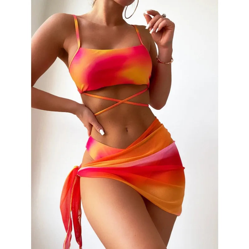 Tie Dyed Split Bikini Sexy Hip Lifting Mesh Gradient Beach Three Piece Set Cross Swimwear