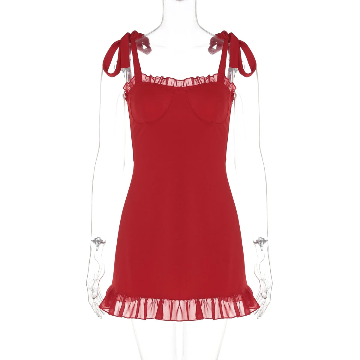 Elegant Solid Slips Ruffles Backless Bandage Patchwork Slim Mini Dress