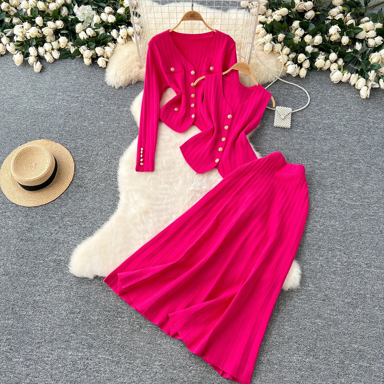 Knitted Full Sleeves Tops+Single Breasted Tank Tops+Elastic Waist Skirt  Suits