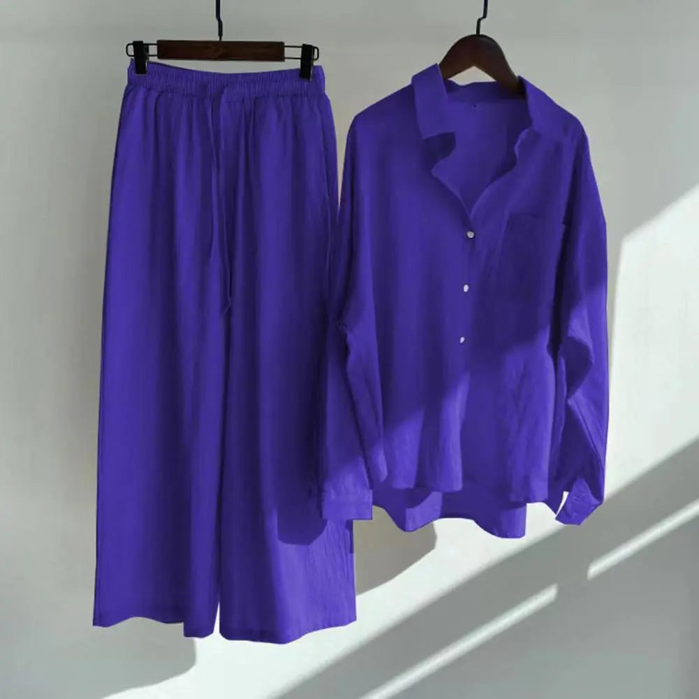 Cotton Linen  Long Pants Set Two Piece Set Vintage Long Sleeve Button Blouse Casual Suits