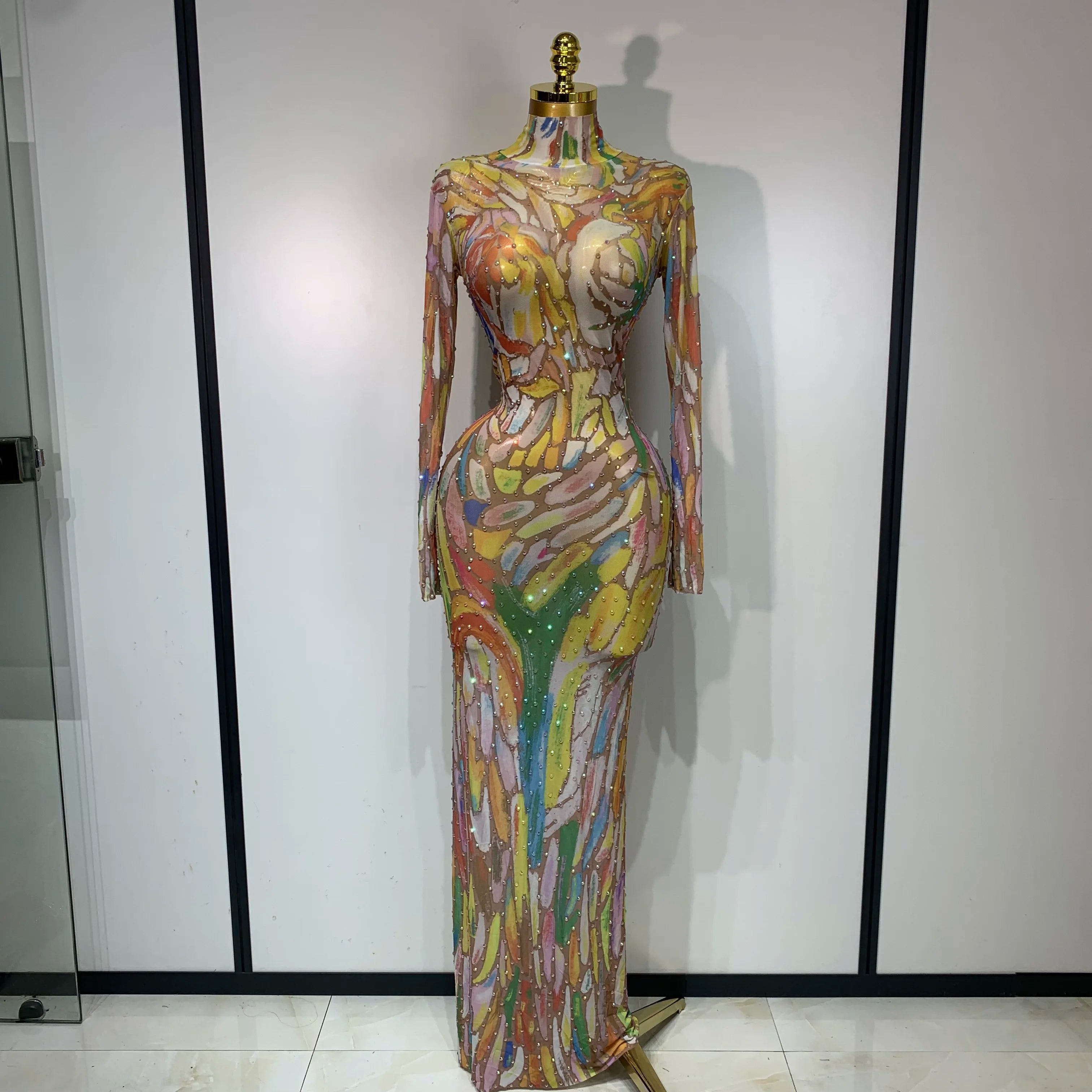 Stretchy See Through Mesh Sparkly Rhinestone Dress