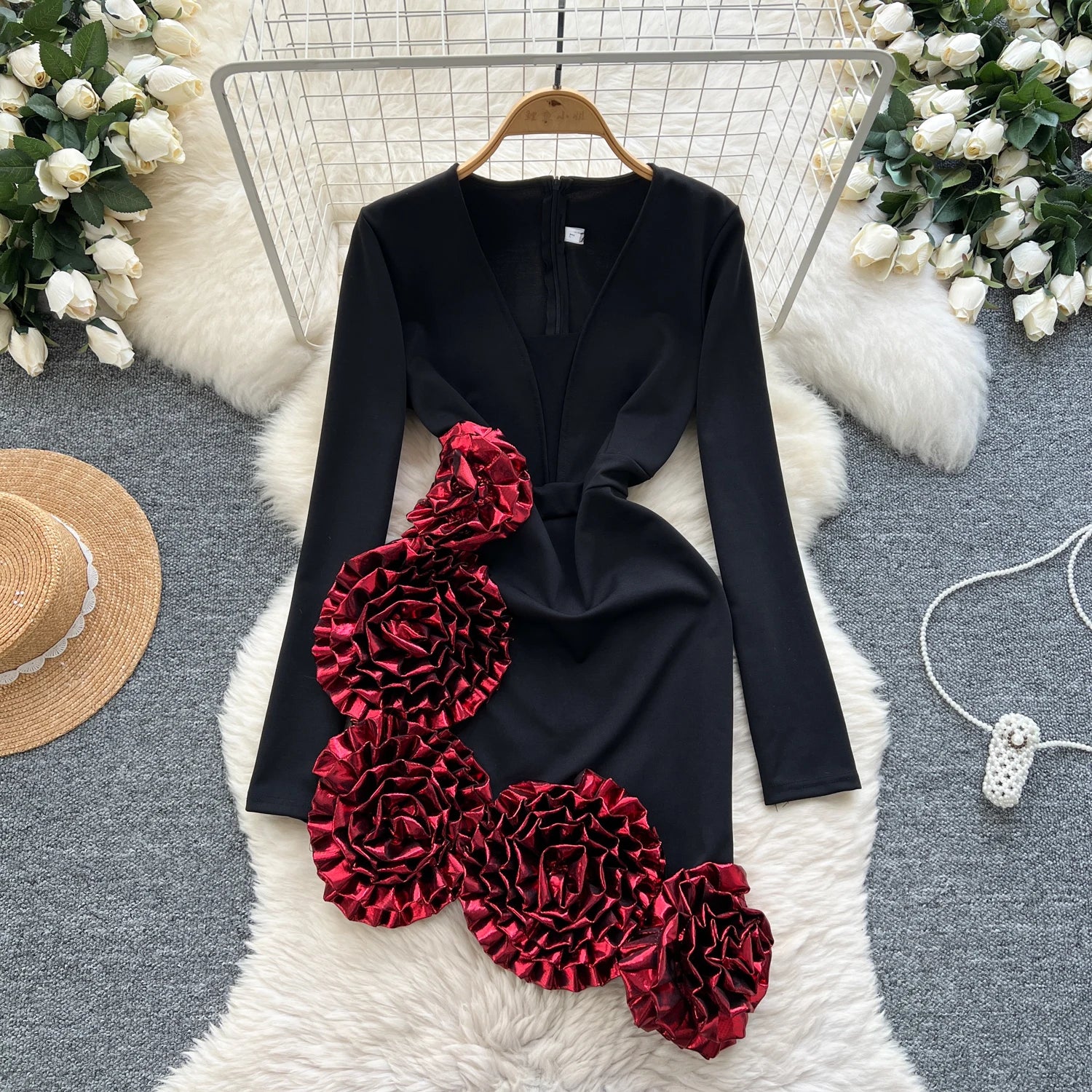 Elegant Three-dimensional floral asymmetrical long sleeve Dress