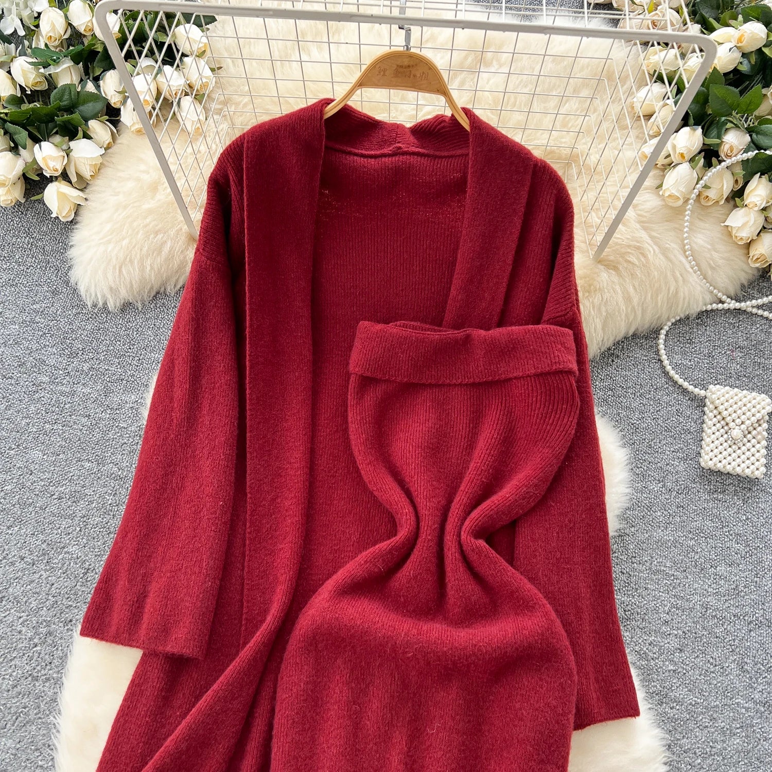 Long Sleeves Oversize Cardigan+Strapless Bodycon Dress Solid Knit 2pcs Sets