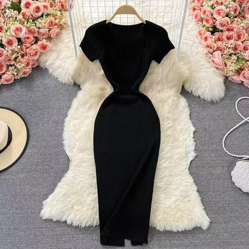Elegant Square Neck Short Sleeve Slim Fit Knitted Bodycon Dress