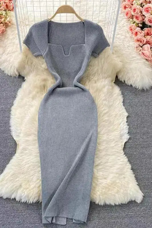 Elegant Square Neck Short Sleeve Slim Fit Knitted Bodycon Dress