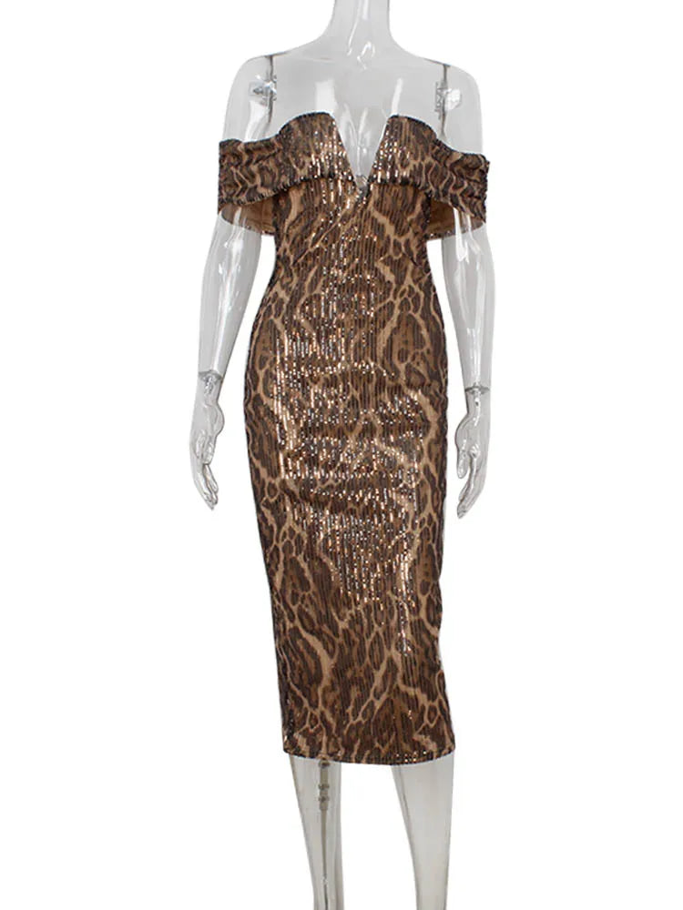 Leopard Sequins Slash Neck Sheath Bodycon Long Maxi