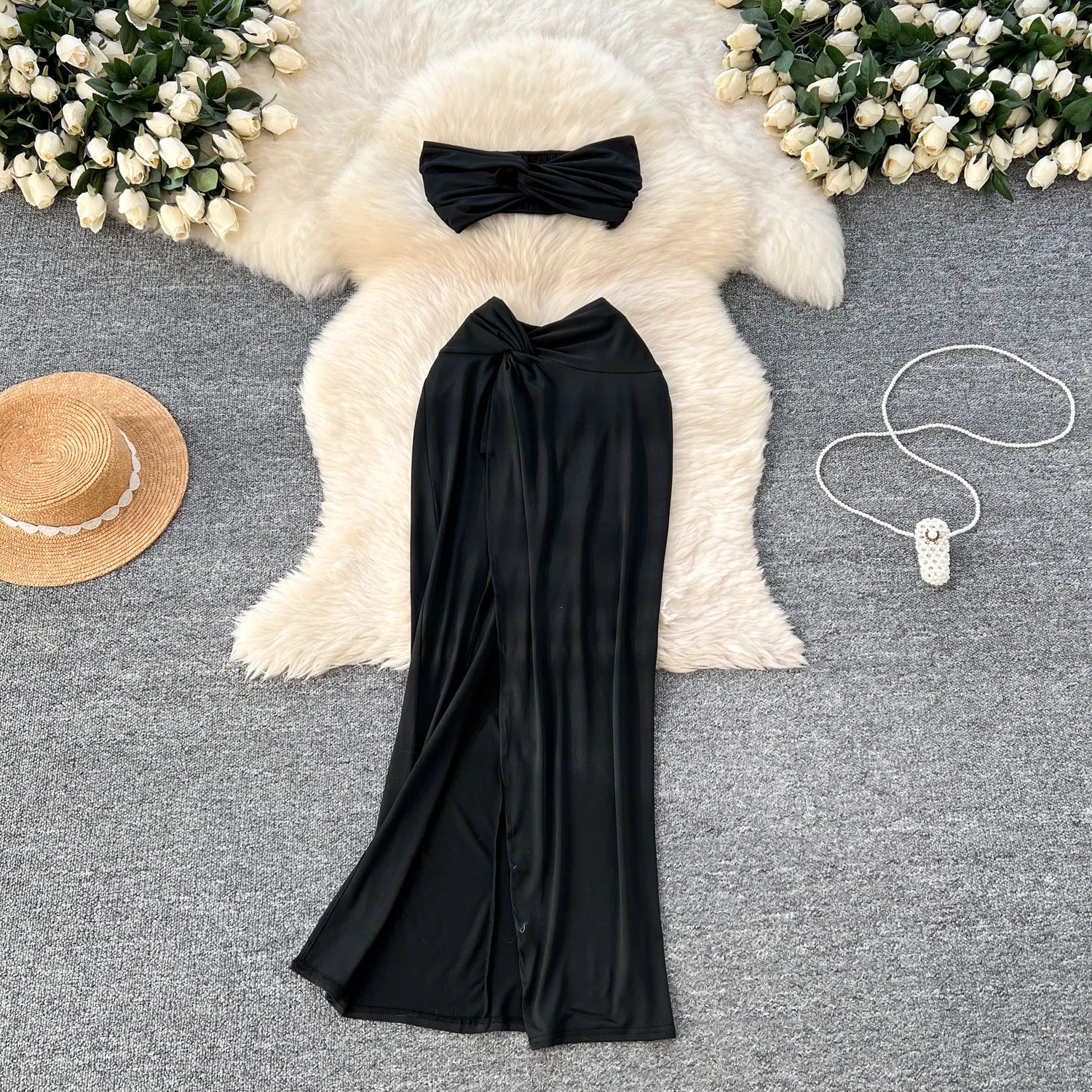 Criss-Cross Strapless Mini Tops+High Waist Split Bodycon Skirt Two Piece Set
