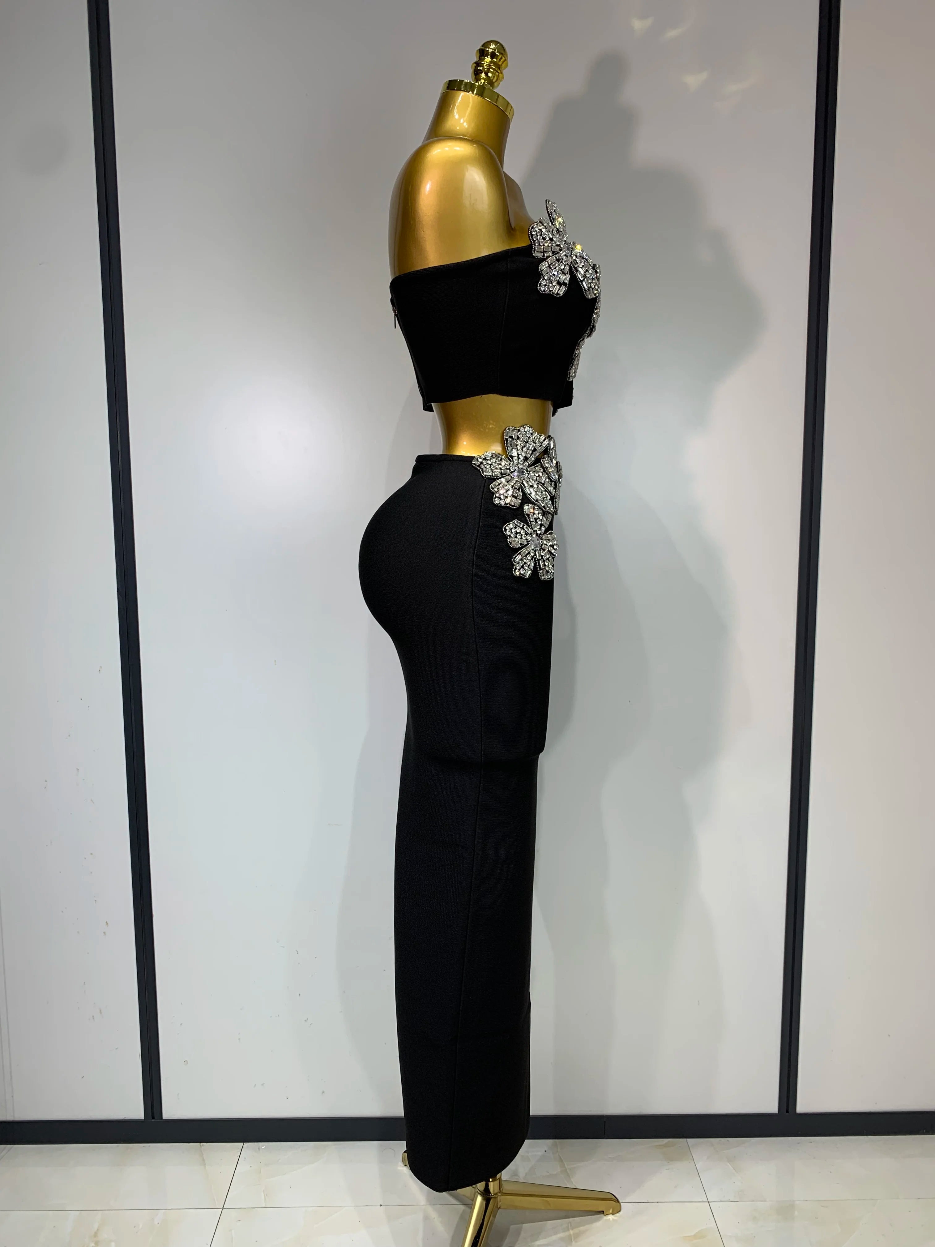 Strapless Flower Diamonds Maxi Long Bandage Two Piece Set
