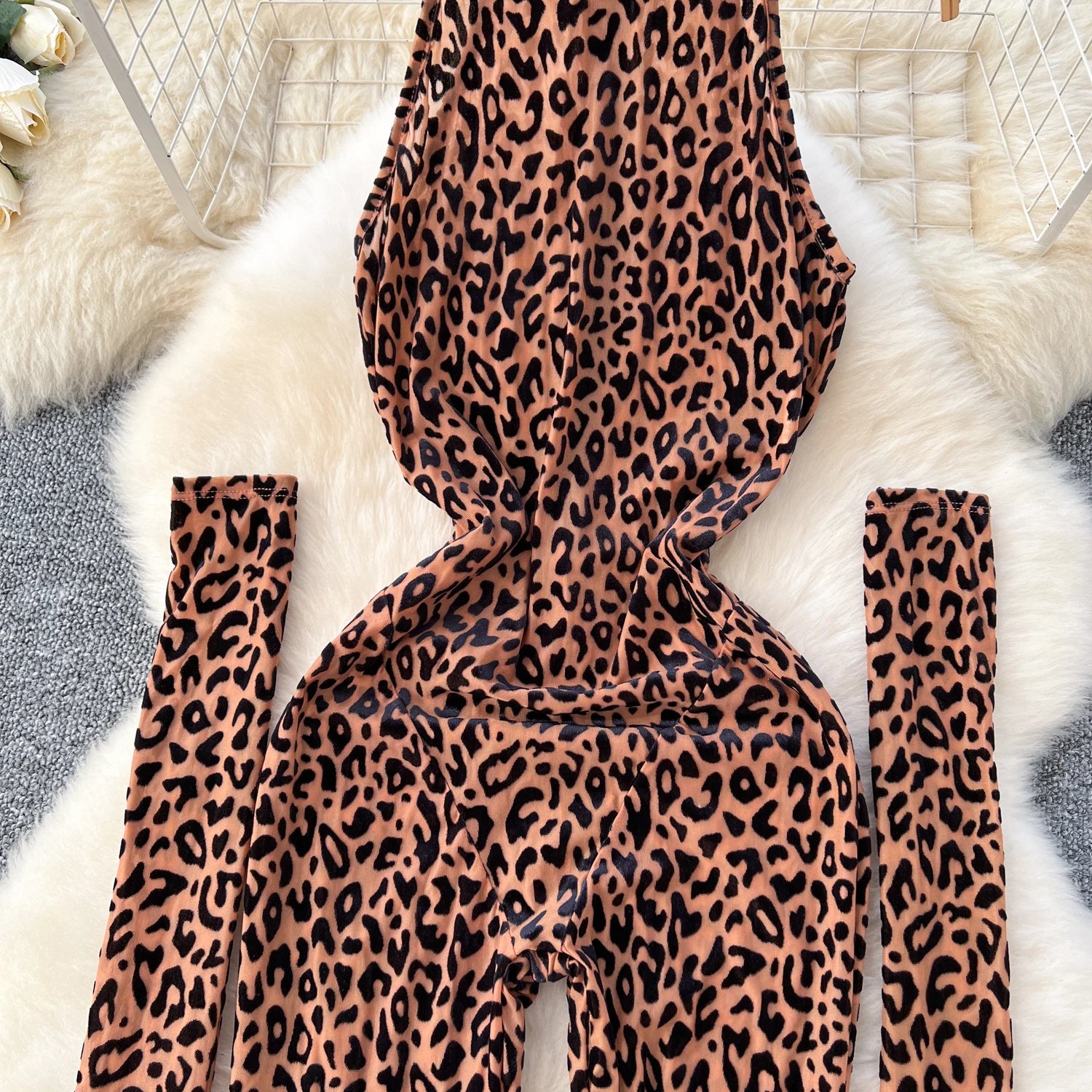 Leopard Print Stand Collar Long Gloves Long Playsuits Jumpsuit