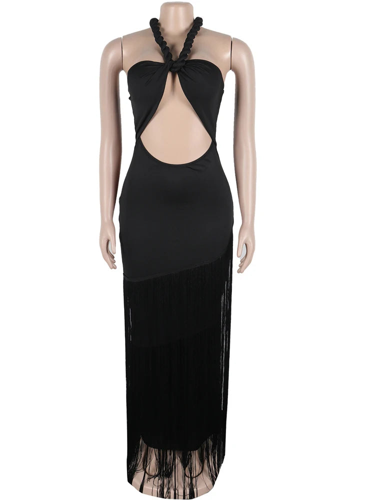 Halter Neck Cut-Out Tassels Night Out Dress