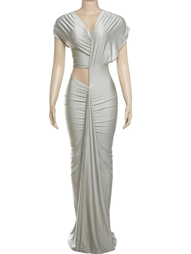 Irregular Hollow Ruched Diagonal Collar Shorts Sleeve Waistless Slits Bodycon Dress