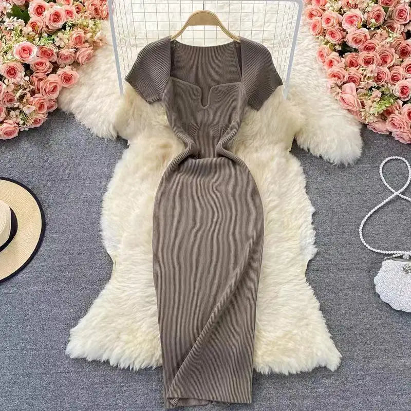 Elegant Square Neck Short Sleeve Slim Fit Knitted Bodycon Dress