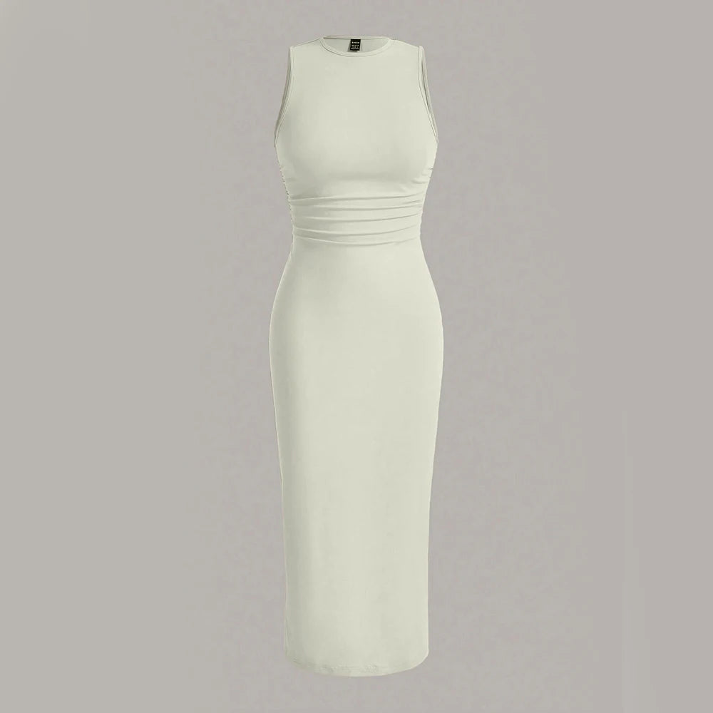 Minimalist Plain Sleeveless Crew Neck Wrap MIDI Party Dresses