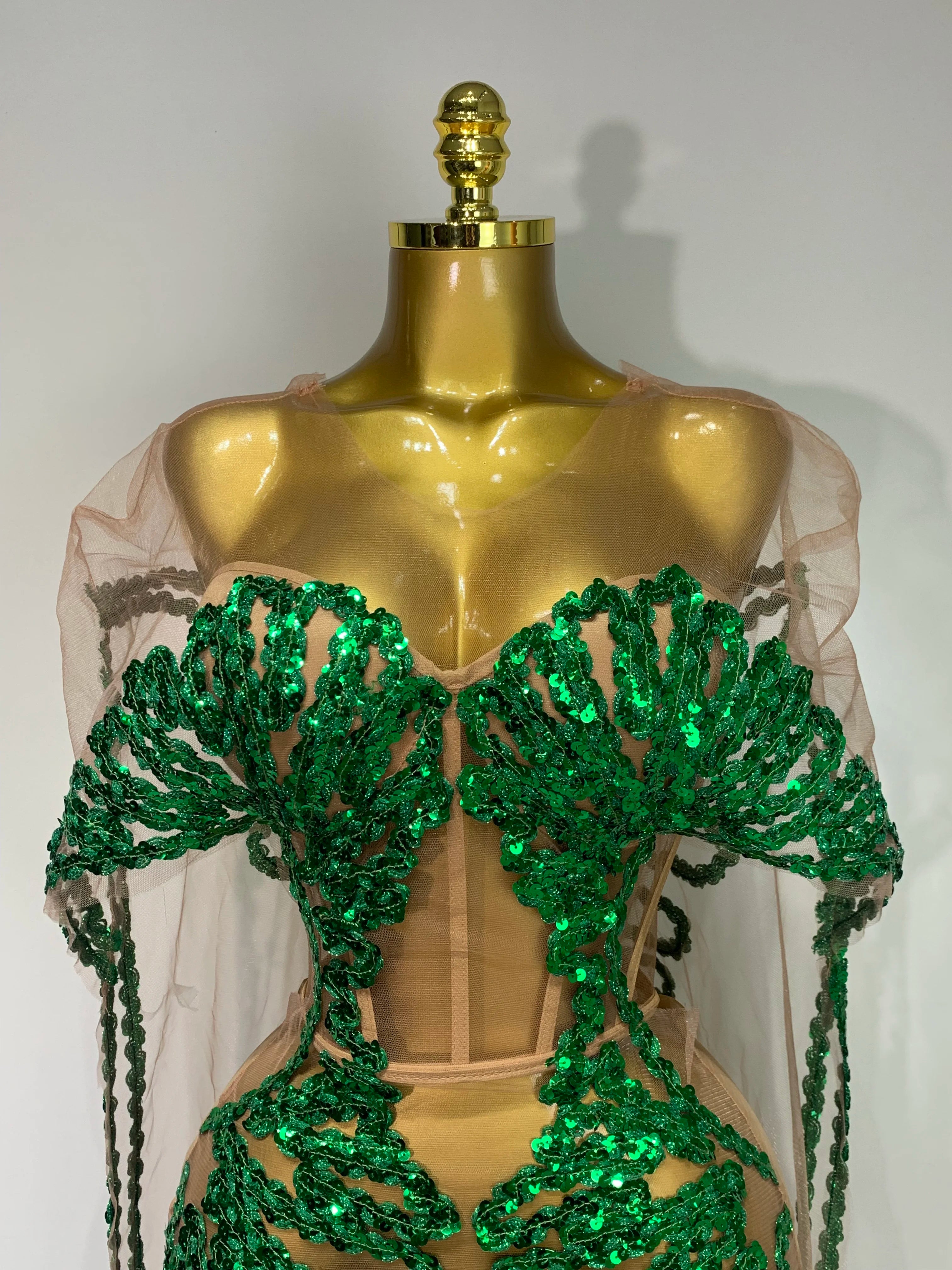 See Through Mesh Sparkly Green Sequins Party Dress