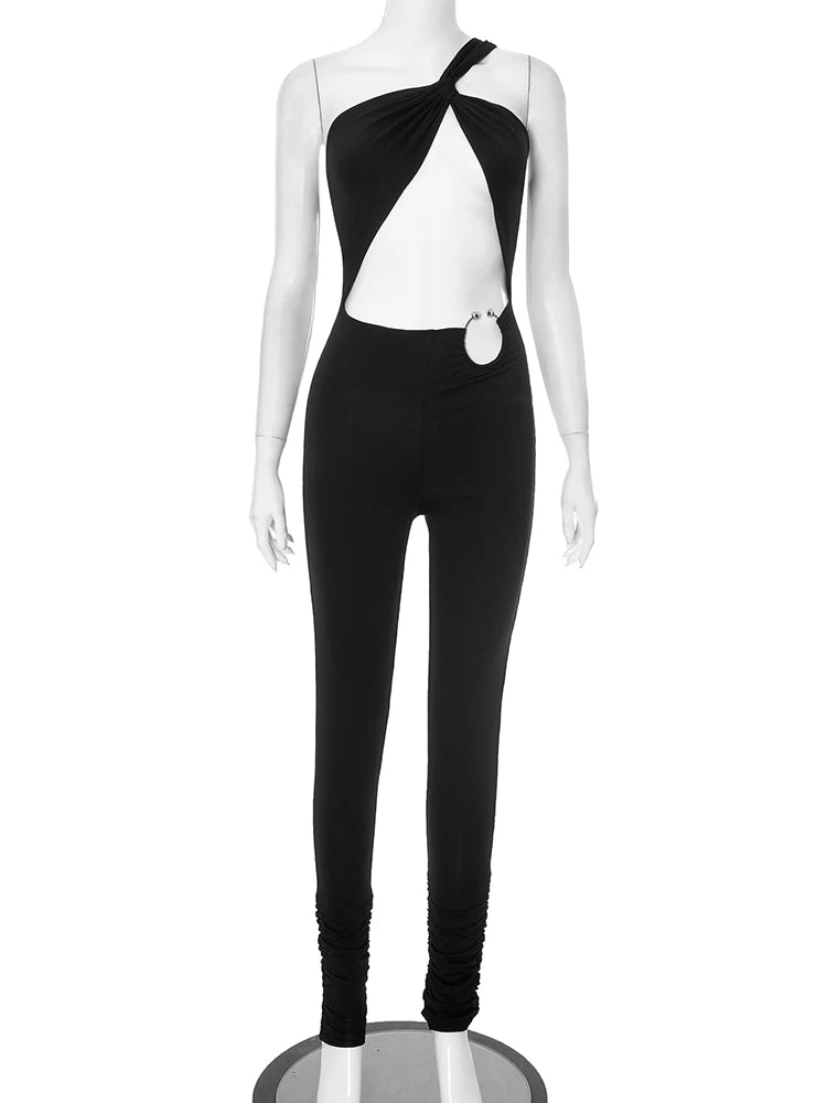 Hollow Out Irregular Single Shoulder Strap Sleeveless  Jumpsuits