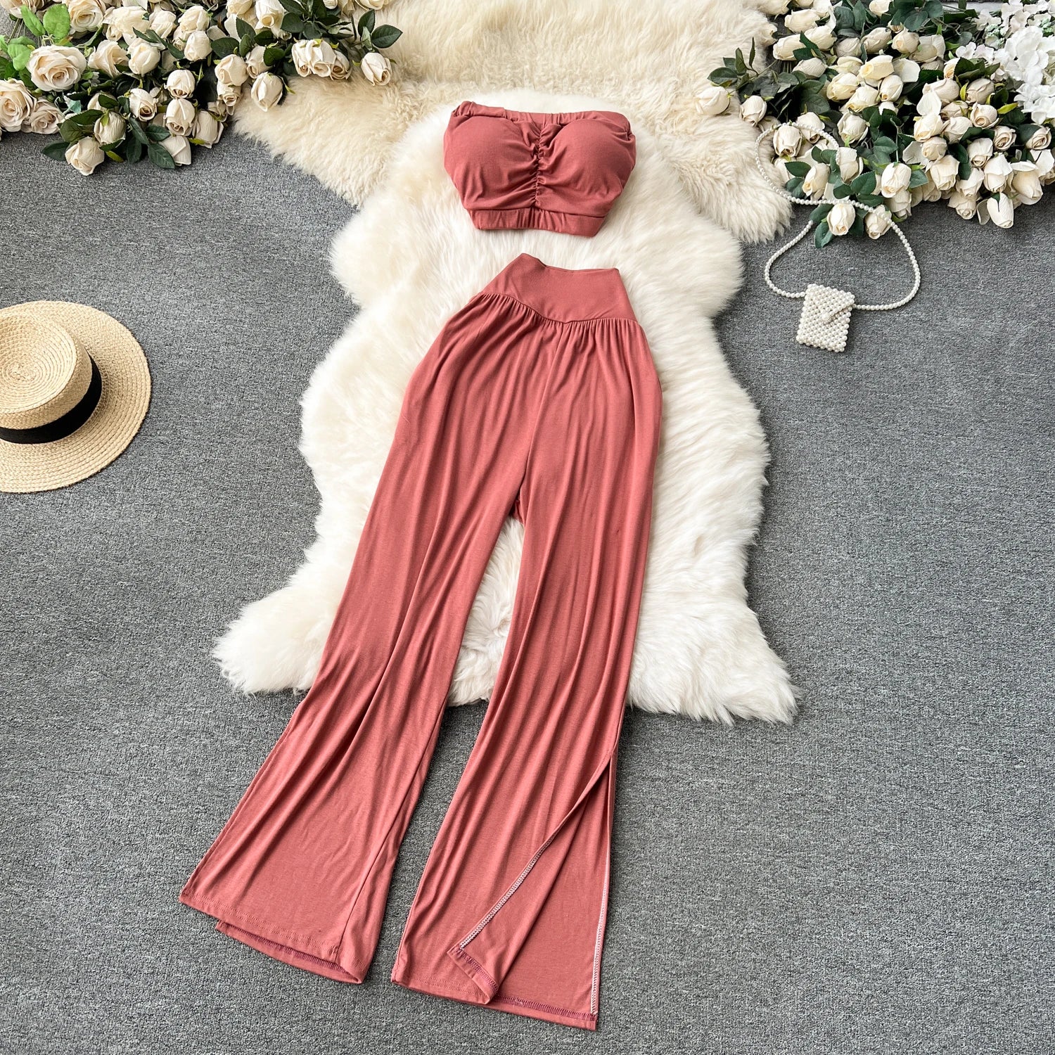 Strapless Short Tops+Basics High Waist Split Wide Leg Pants Casual Suits