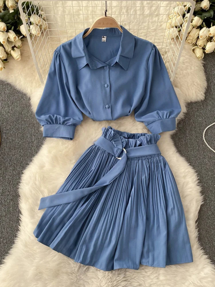 Puff Short Sleeve Shirt+Pleated A-line Short Skirt Two Piece Set