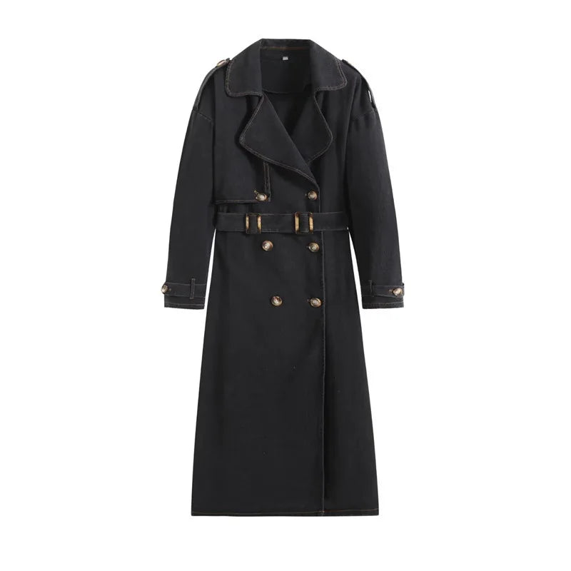 Loose Double-Breasted Belted Denim Trench Coat