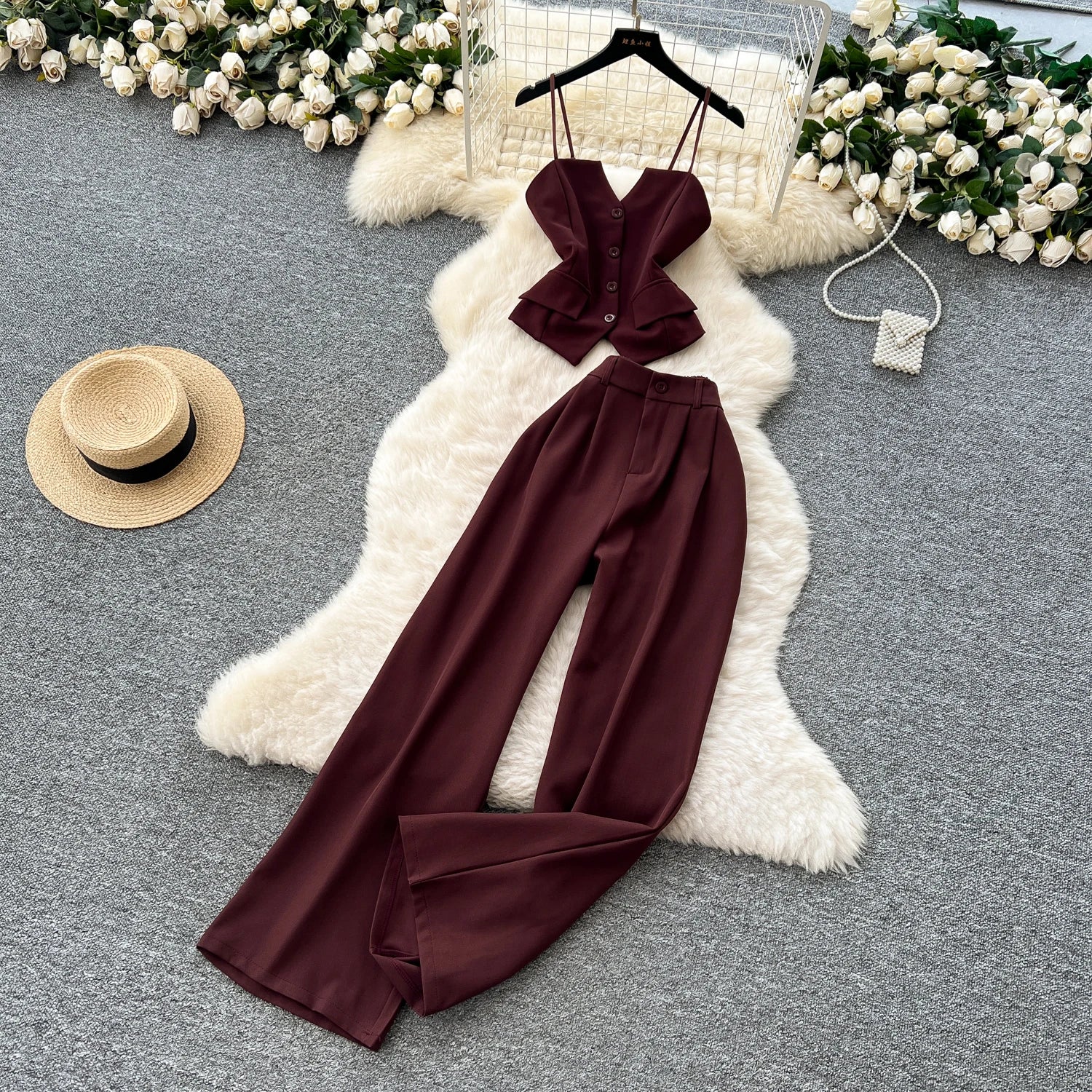 Office Lady Suits Camisole+Wide Leg Zipper Pants Chic Two Piece Set
