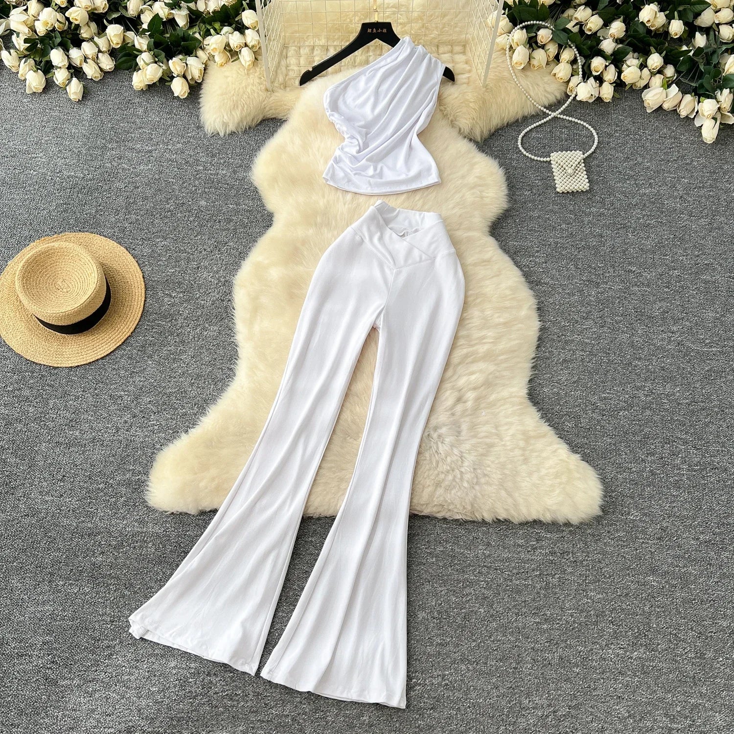 Chic Vintage Diagonal Collar Sleeveless Pleated Top and High Waist Flare Pants Two Piece Set