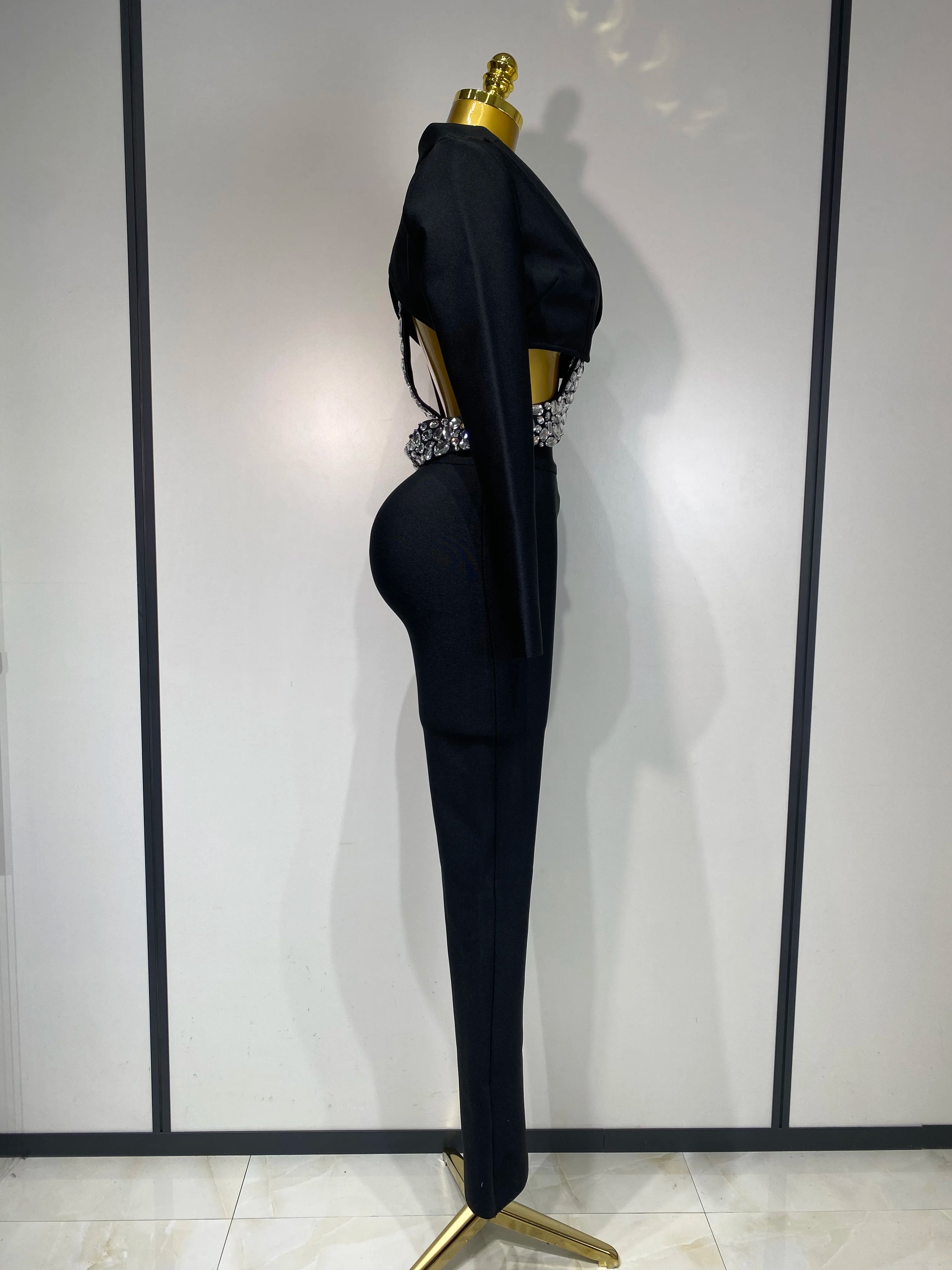 Luxury Two Piece Set Long Sleeve Beading Bodycon Top And Bandage Pants Set