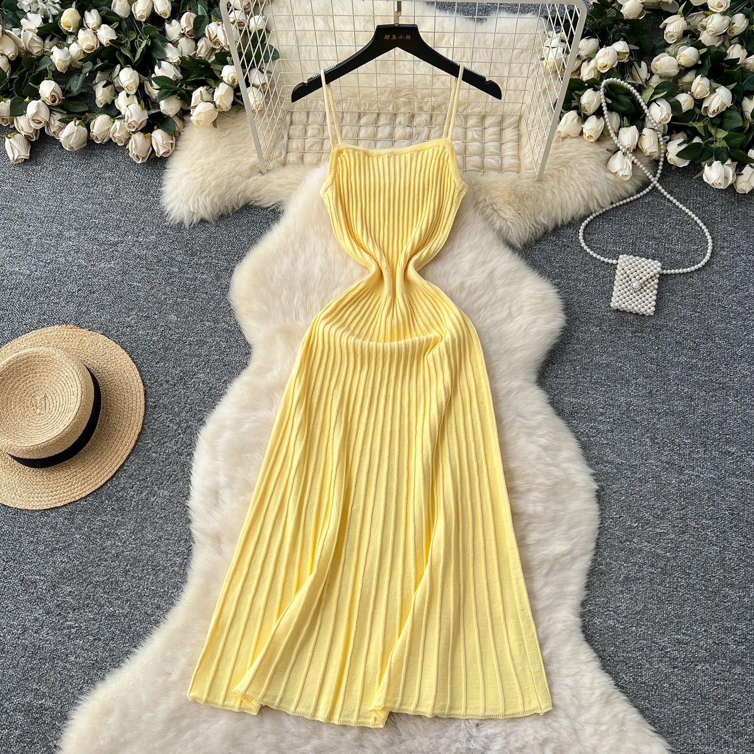 Knit Spaghetti Strap Dress Sleeveless Elastic Waist Slim Long Dress