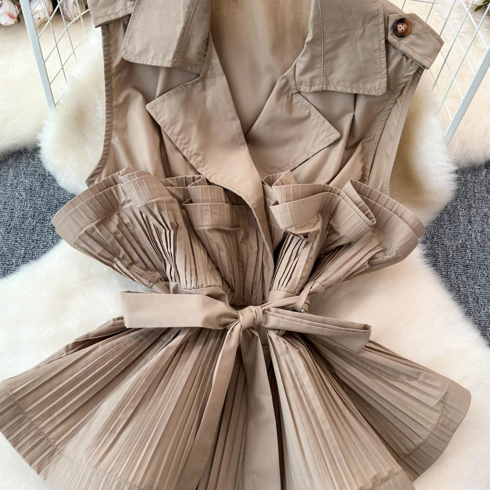 Pleated Versatile Lapel Collar Sleeveless Ruffle Blouse