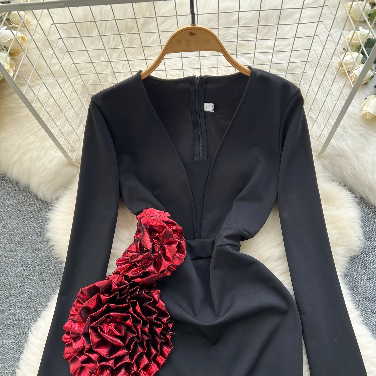 Elegant Three-dimensional floral asymmetrical long sleeve Dress