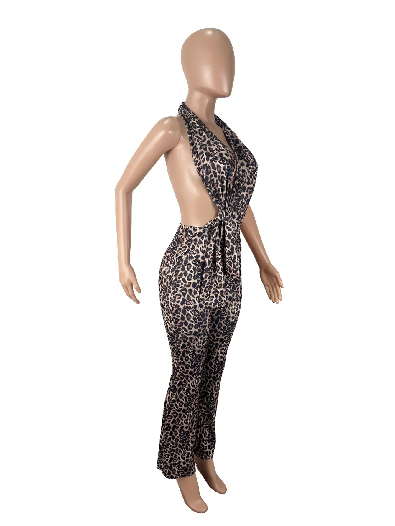 Leopard Print Halter Neck One-Piece Jumpsuit