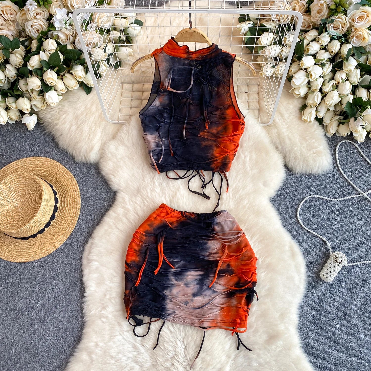 Sleeveless Irregular Tie-dye Tops + Tassel Pack Hip Mini Short Skirt Two Piece Set