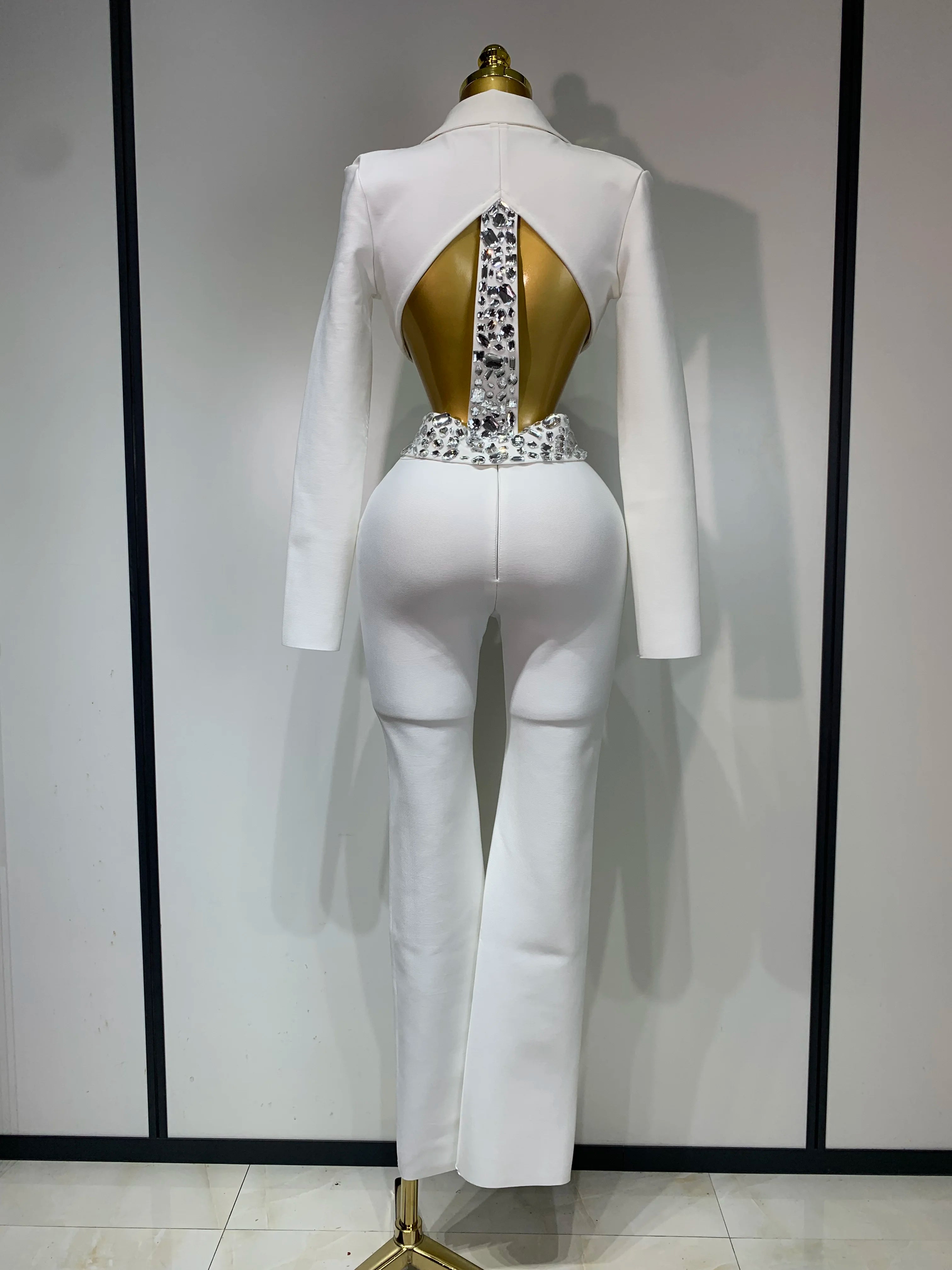 Luxury Two Piece Set Long Sleeve Beading Bodycon Top And Bandage Pants Set