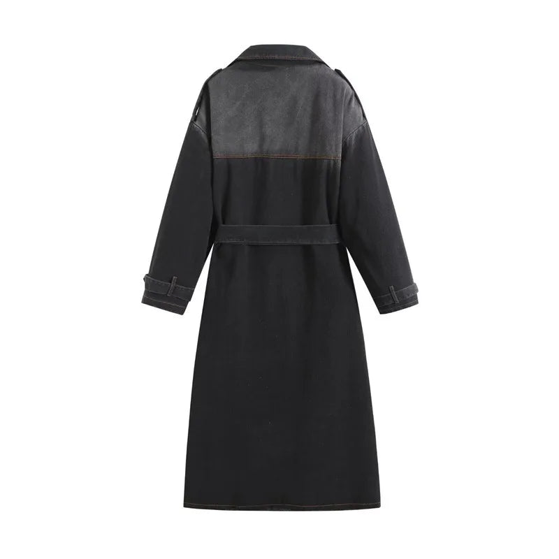 Loose Double-Breasted Belted Denim Trench Coat