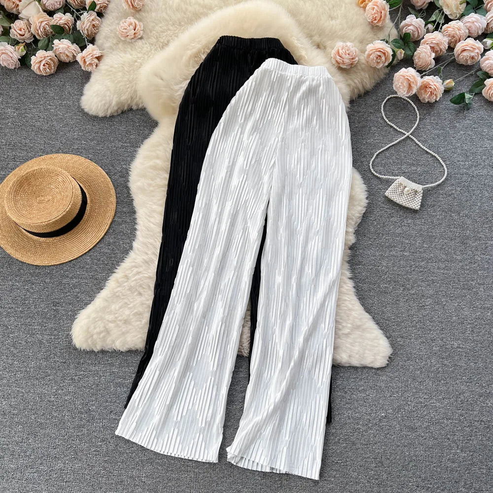 Pleated Vintage Striped Long High Waist Wide Leg Trousers