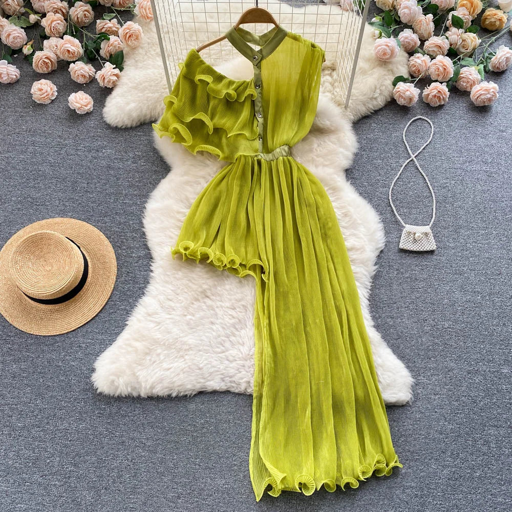 Slim Ruffled Off Shoulder Irregular Temperament Patchwork Dress