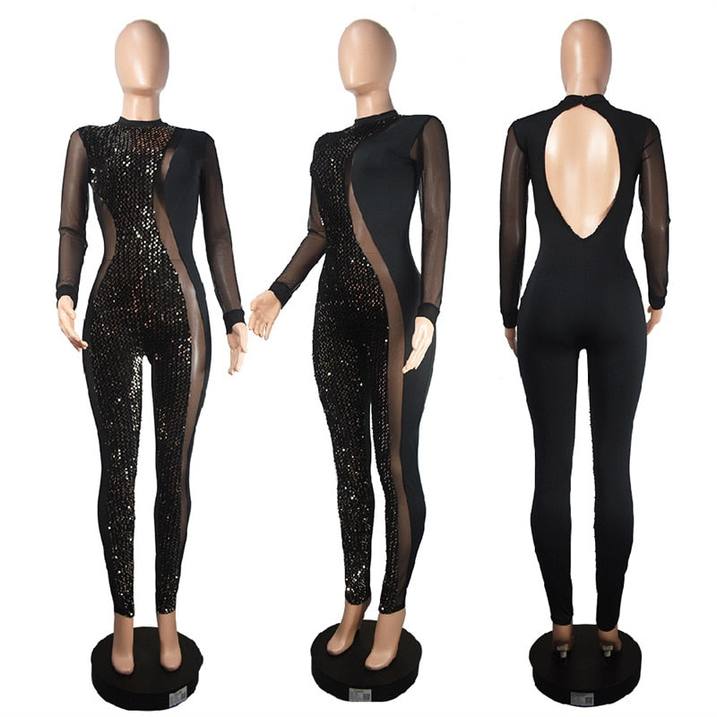 Mesh Sequin Patchwork See Through Catsuit Jumpsuit