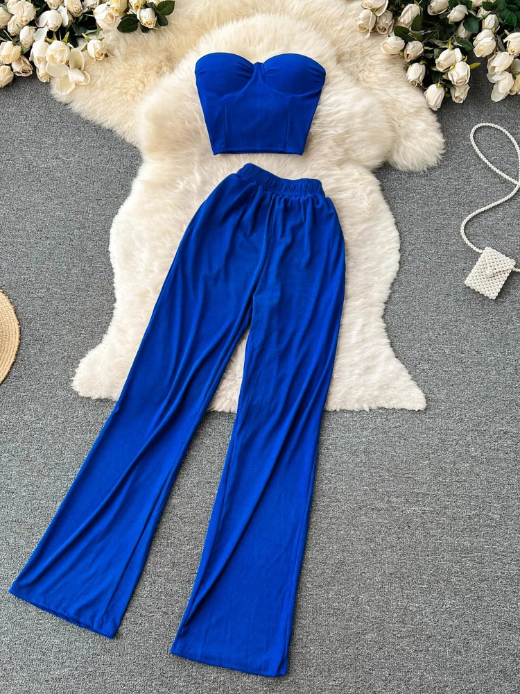 Two Piece Set Pants Suit Strapless Tops & High Waist Loose Pants  Y2k Suit